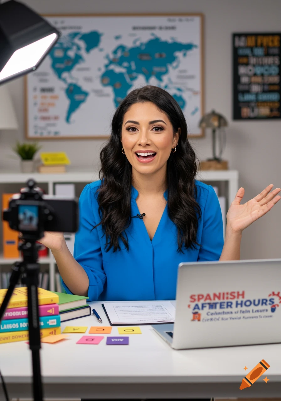 A woman in a blue shirt records a language lesson in a brightly lit room with a laptop, books, and a world map in the background.