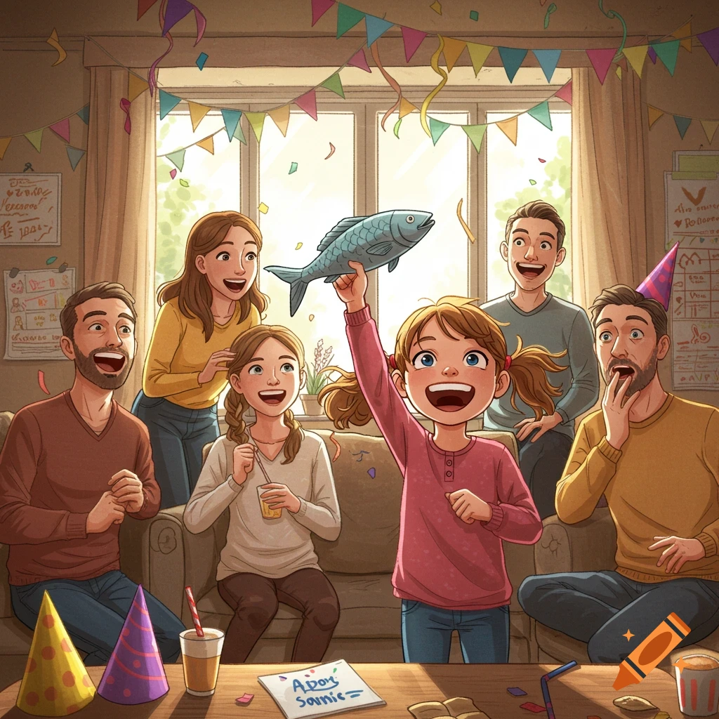 A cartoon family celebrates in a decorated living room, with a happy girl holding up a fish, surrounded by party guests.