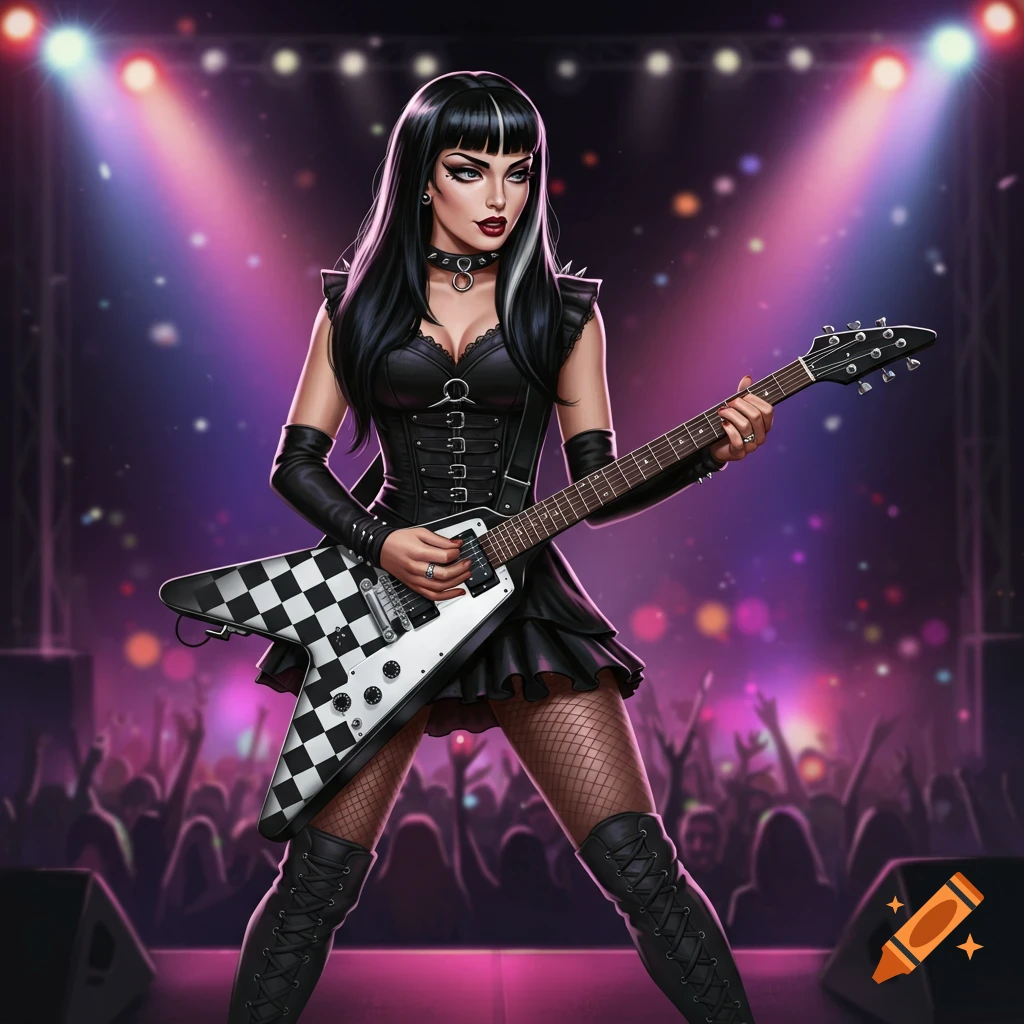 A goth woman with black and white hair plays a checkerboard electric guitar on stage at a concert, lit by spotlights.