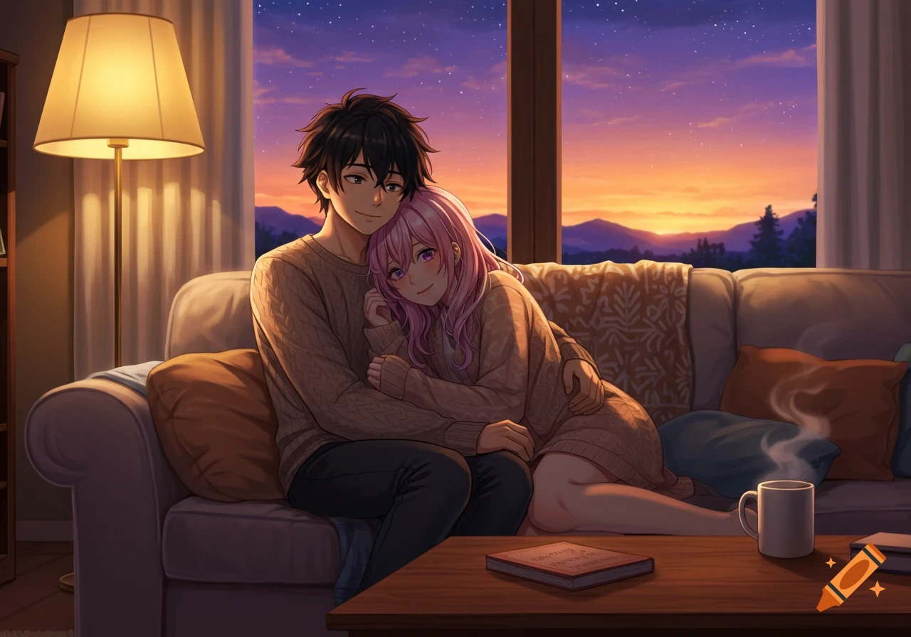 An anime couple snuggles on a couch, bathed in the warm light of a sunset streaming through a large window.