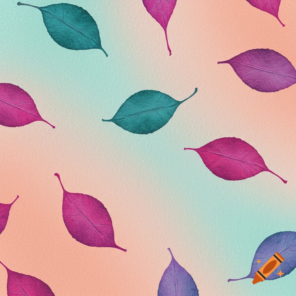 Watercolor painting of various colorful leaves scattered across a gradient orange and teal background.