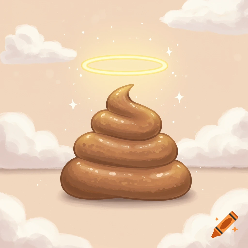 A cartoon pile of brown poop with a golden halo floating above it, set against a light pink sky with white clouds.