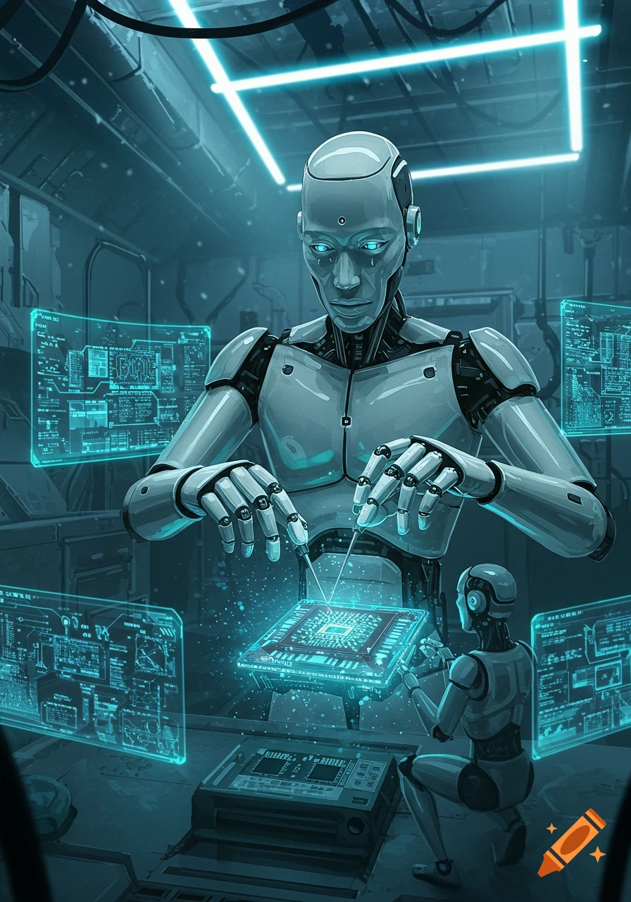 A large robot works on a glowing circuit board while a smaller robot assists, surrounded by holographic screens displaying futuristic tech in a blue-lit lab.