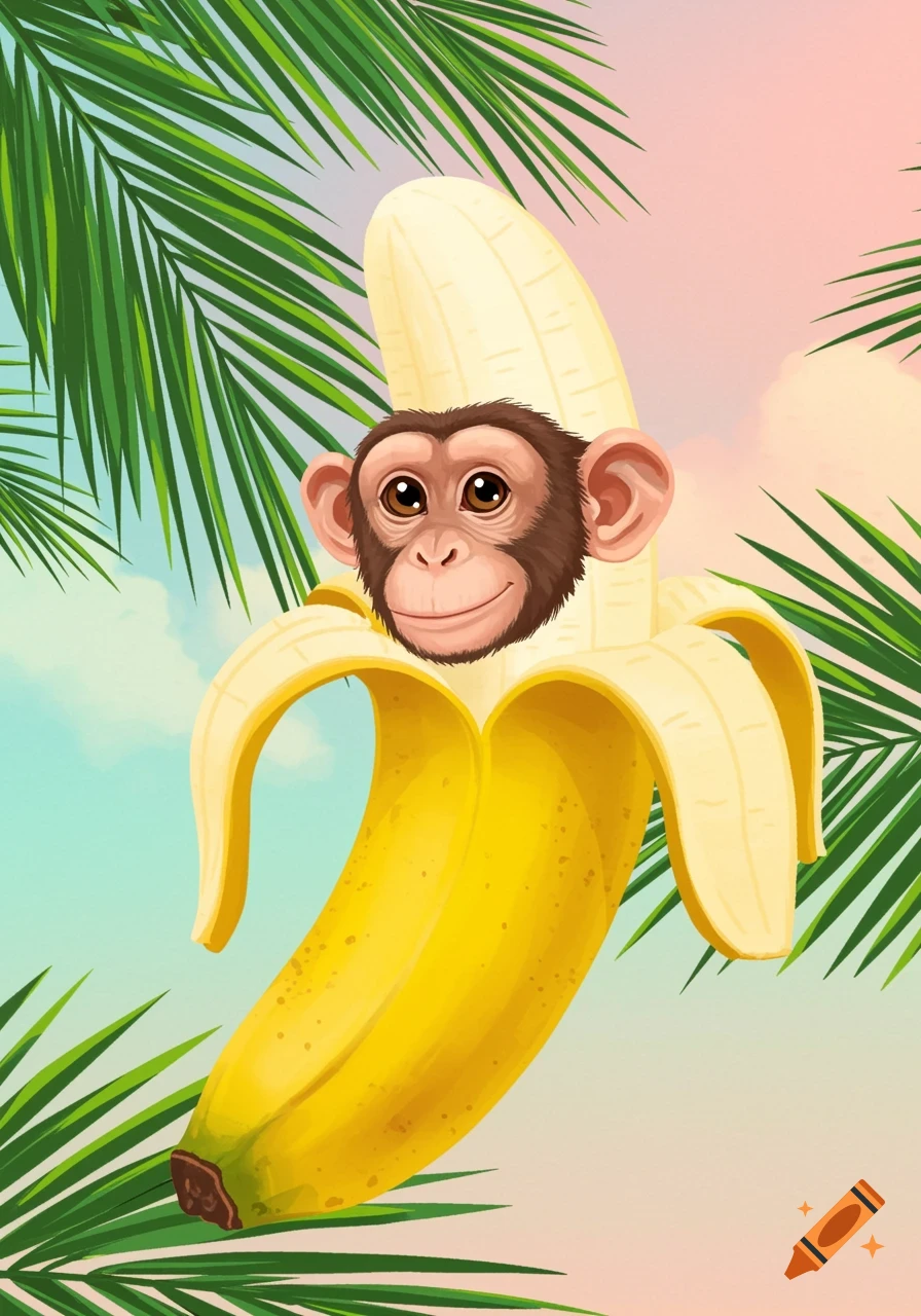 A smiling cartoon monkey head peeking out from a peeled yellow banana, set against a pastel sky with green palm leaves.