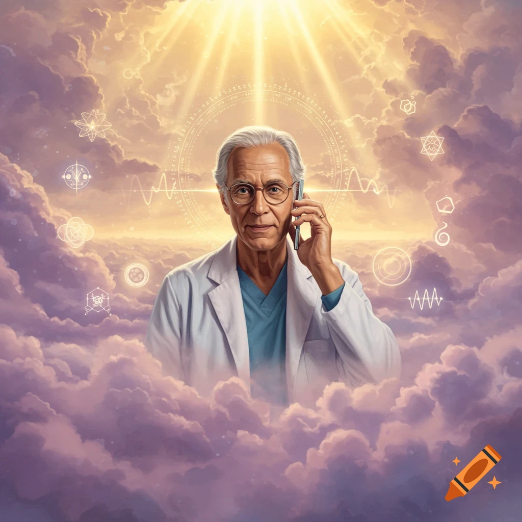 An older man in a lab coat and glasses, talking on a phone, emerges from clouds with glowing symbols and radiant light.