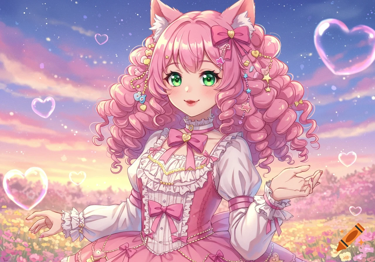 Anime cat girl with pink curly hair, green eyes, and a pink Lolita dress with decora kei decor in a flower field.