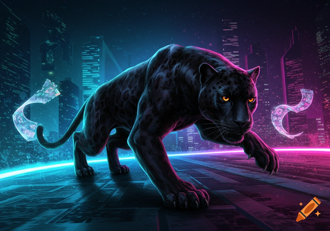 A black panther with glowing eyes stalks in a neon cyberpunk city street, with glowing floating abstract elements.
