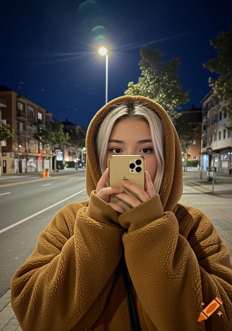 A young woman in a brown fuzzy hoodie holds a phone, covering her face except for her eyes, on a dark city street at night.