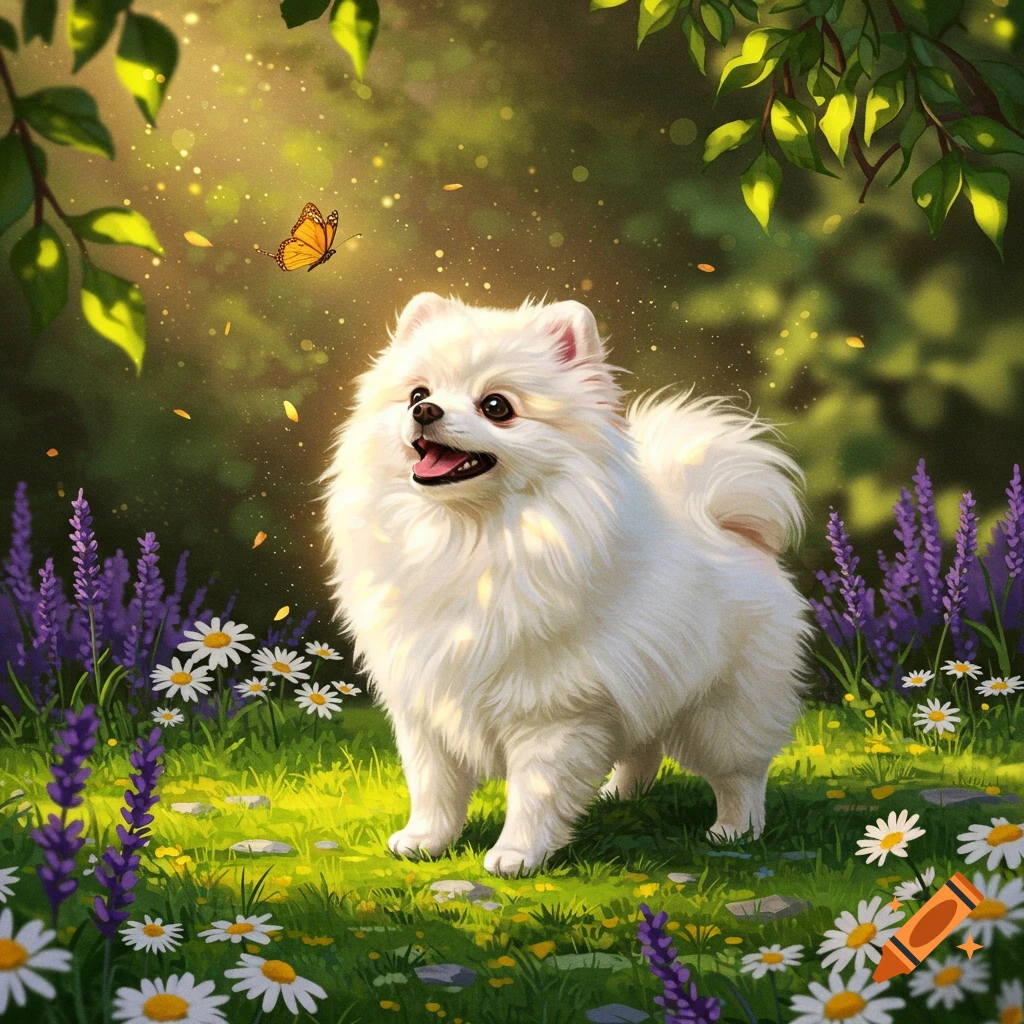 A fluffy white Pomeranian dog stands happily in a sunny field of purple lavender and white daisies, looking at an orange butterfly.