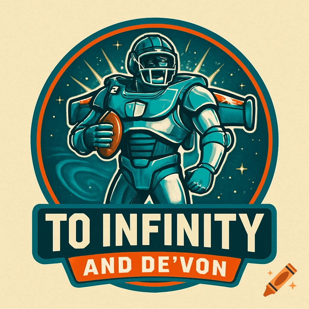A cartoonish logo featuring a football player in a sci-fi suit holding a football, against a space background. Text reads "TO INFINITY AND DE'VON".
