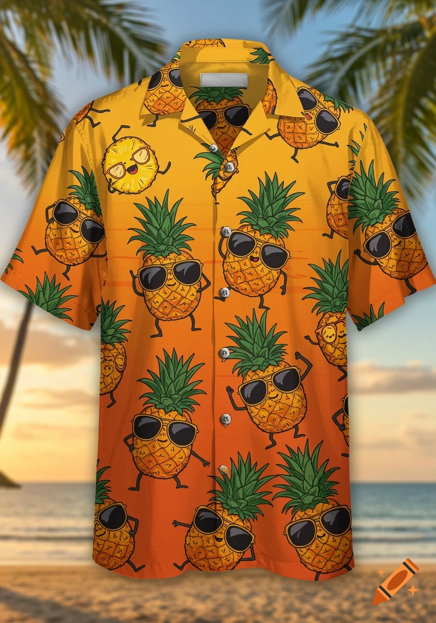 A vibrant Hawaiian shirt featuring cartoon pineapples wearing sunglasses, set against a blurred beach backdrop.