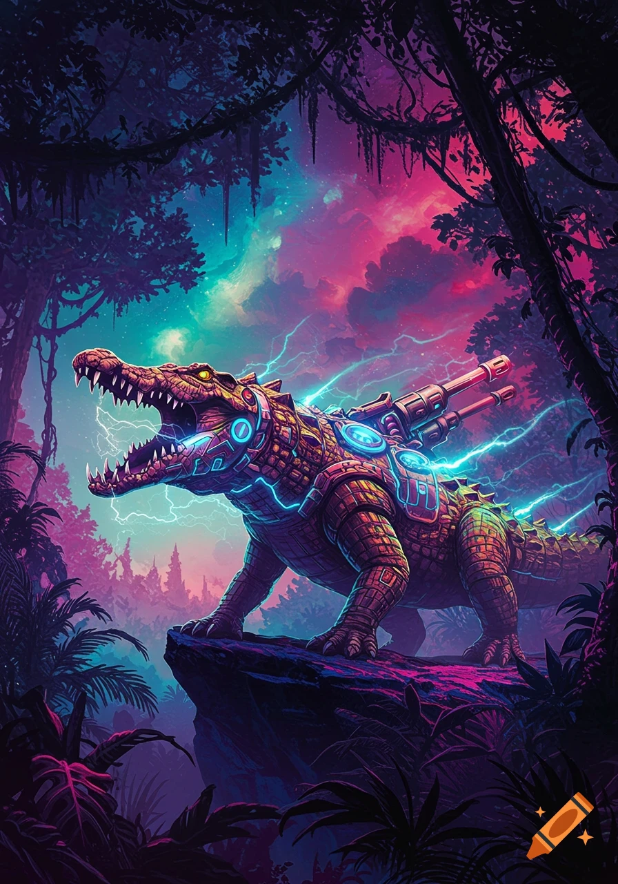 A vibrant, futuristic, armored crocodile with glowing blue lines and cannons on its back stands on a rock in a neon-colored jungle under a stormy sky.