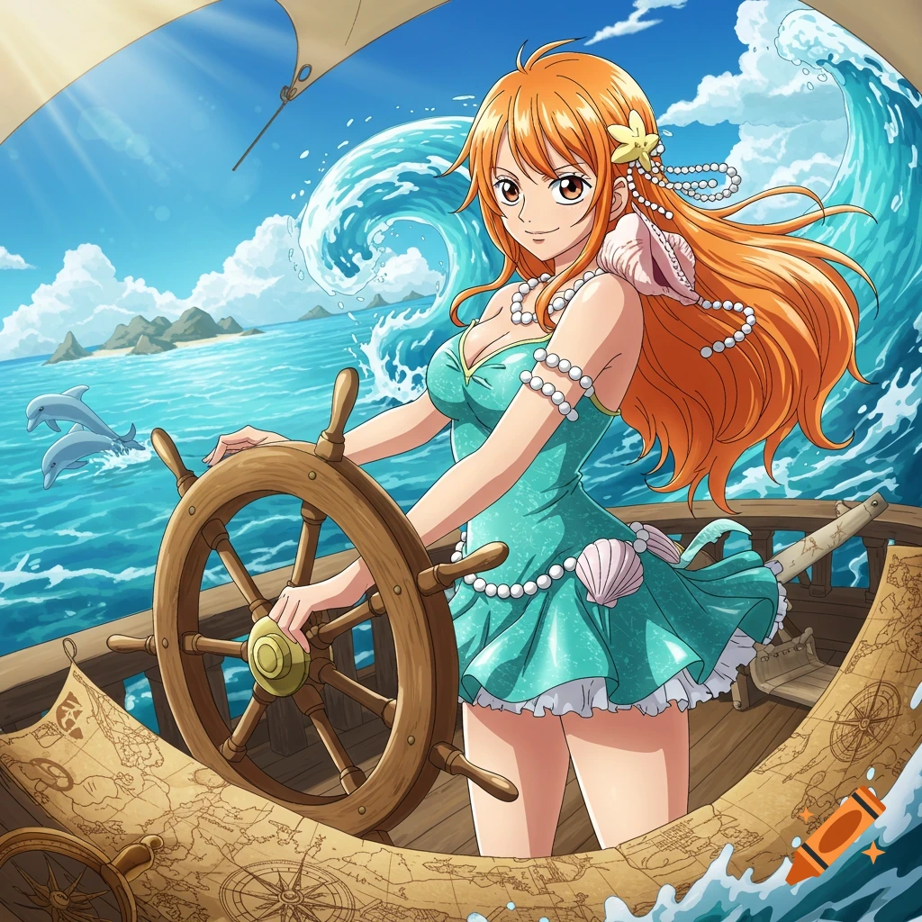 An anime illustration of Nami from One Piece, with orange hair, steering a wooden ship through blue ocean waves with dolphins, under a clear sky.