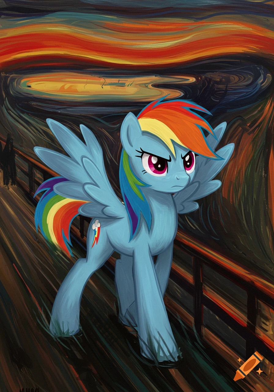 A blue cartoon pony with rainbow mane and tail stands on a bridge, depicted in the swirling, expressive style of Edvard Munch's The Scream.