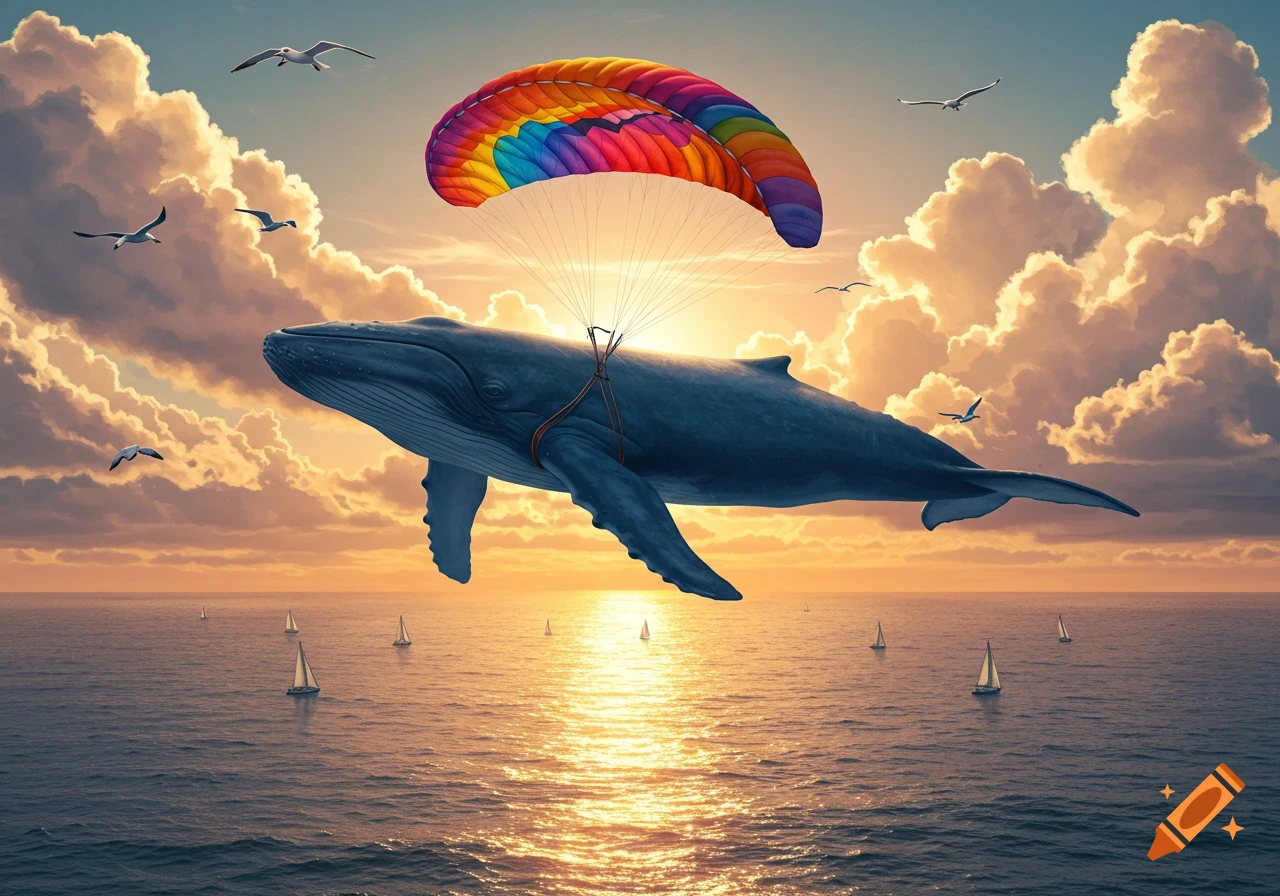 A whale paragliding with a rainbow parachute over the ocean at sunset, with sailboats and seagulls.