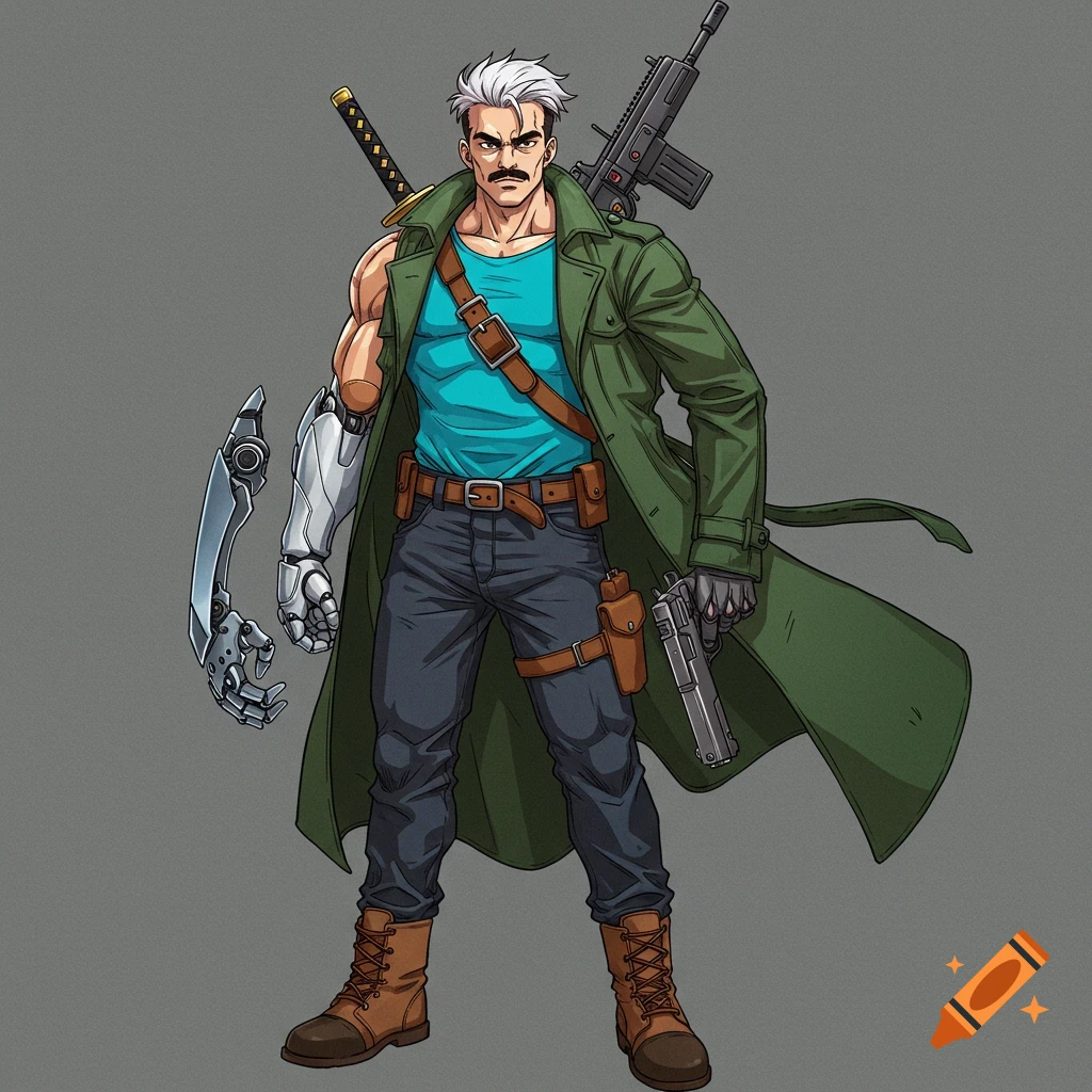A buff man with a robot arm, white hair, mustache, green trench coat, holding a pistol, in Dragon Ball Z art style.