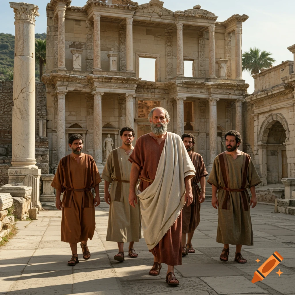 An older bearded man in ancient robes leads four disciples through the ruins of an ancient city under a clear sky.