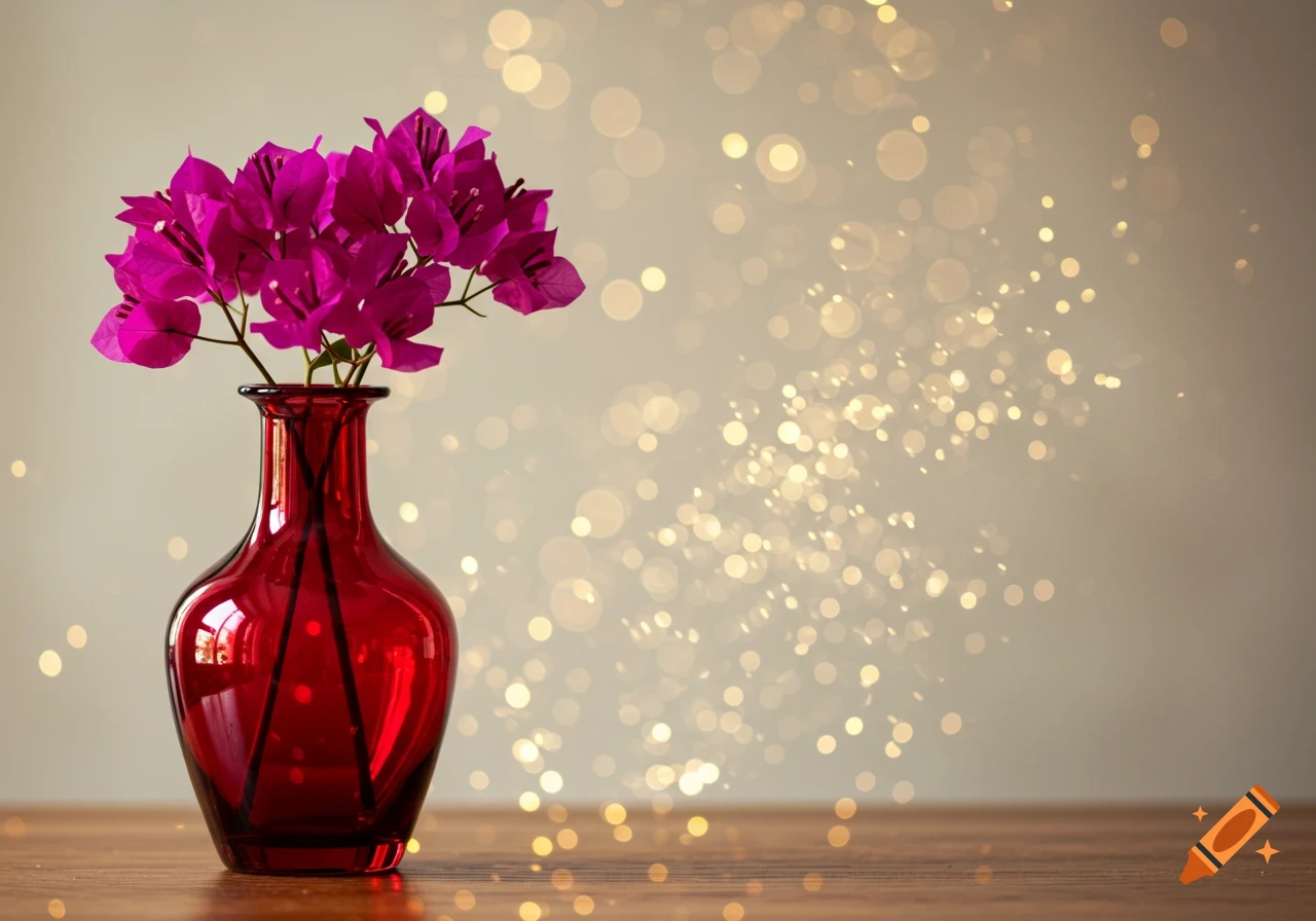 Magenta flowers in a red glass vase on a wooden surface with a blurred gold bokeh background.