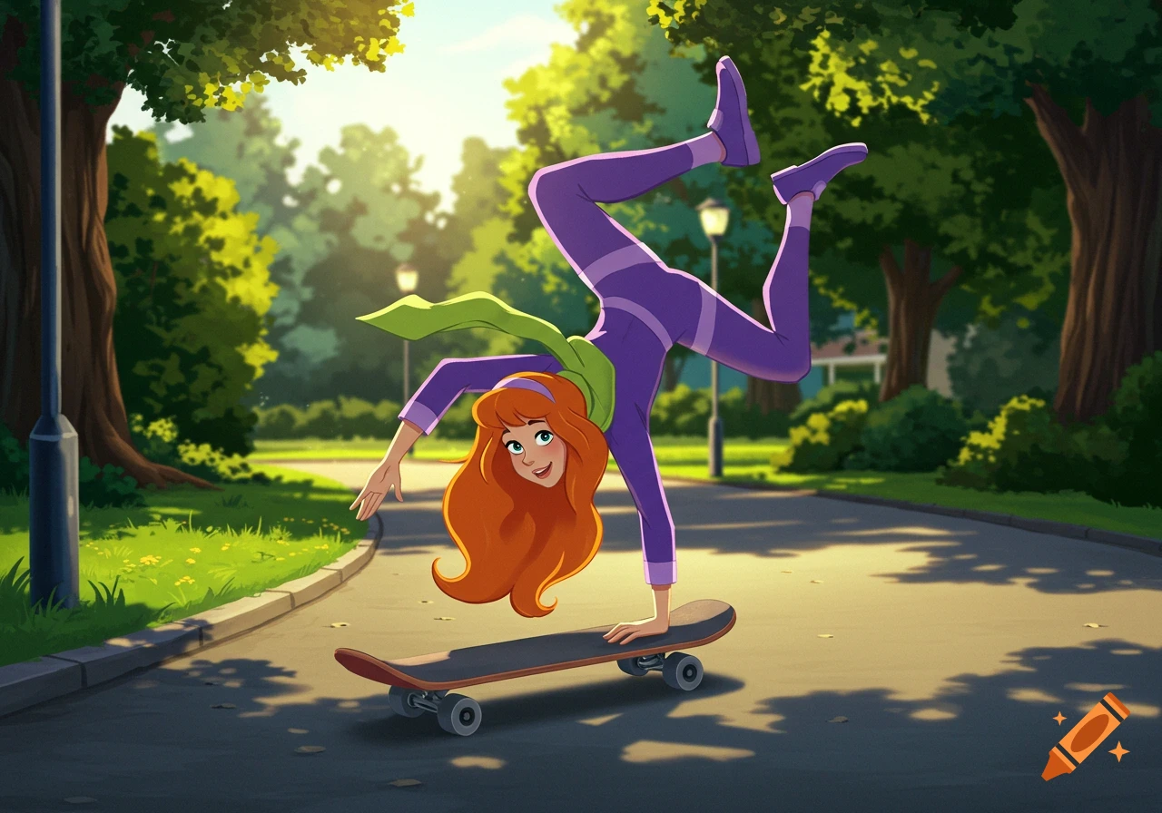 Daphne from Scooby-Doo performing a handstand on a skateboard in a sunny park, in a vibrant cartoon style.