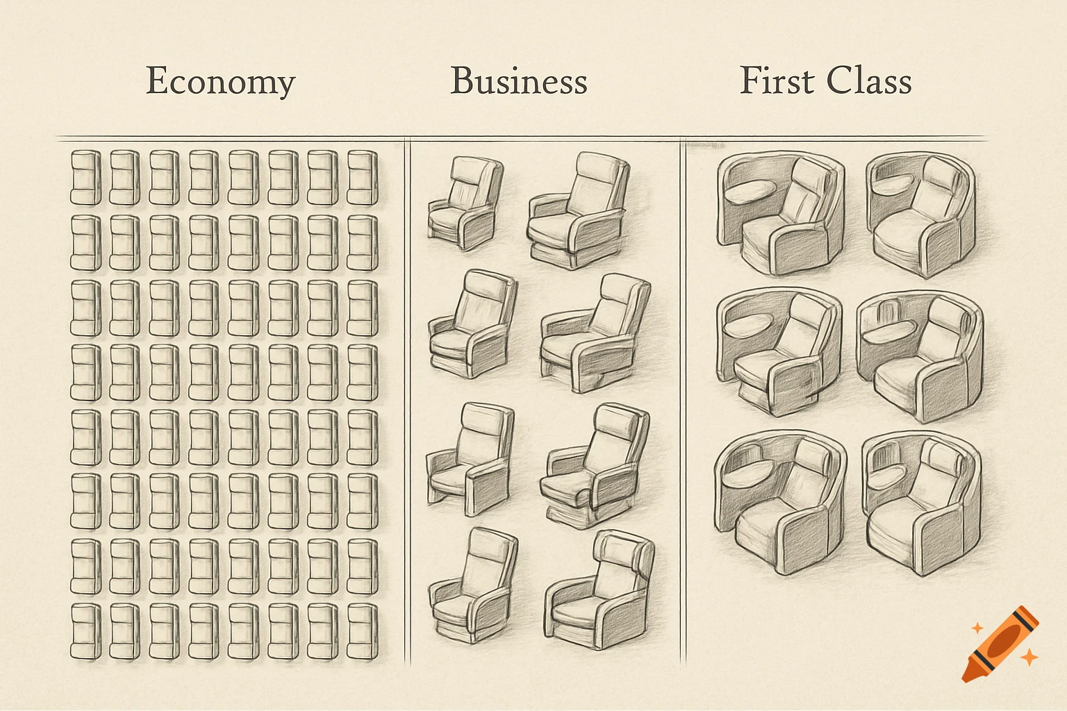 An isometric illustration of airline seating arrangements, showing rows of small economy seats, pairs of larger business class seats, and individual, enclosed first class seats.