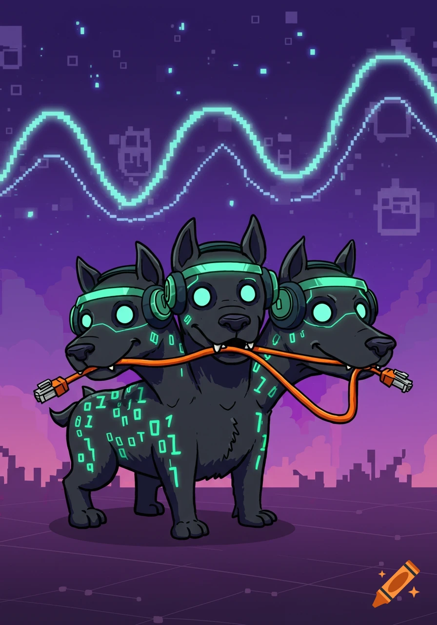 A cartoon Cerberus with glowing binary fur wears headphones and holds a network cable in its mouth against a pixelated cityscape.