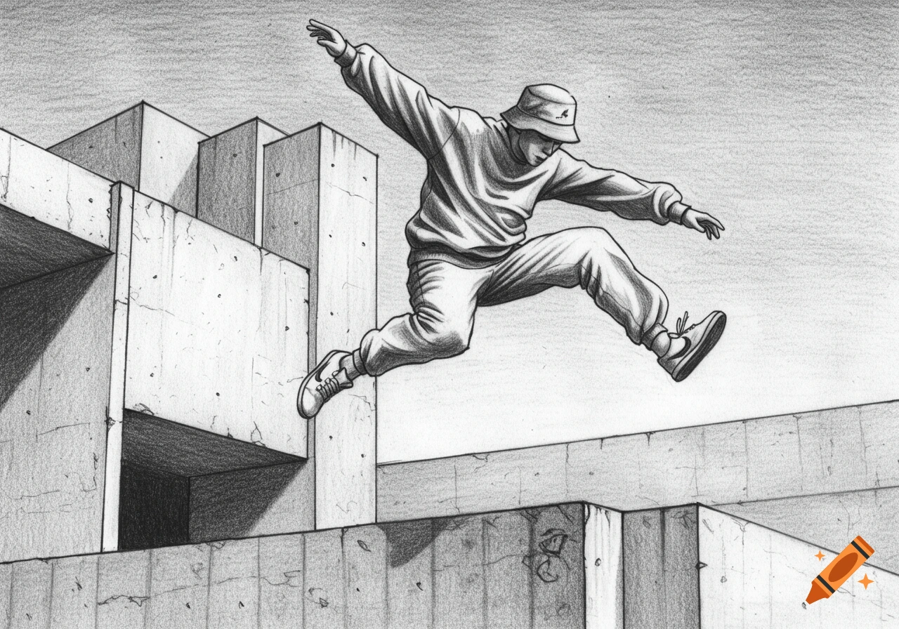 A black and white pencil sketch illustration of a person in baggy clothes and a bucket hat leaping between concrete brutalist buildings.