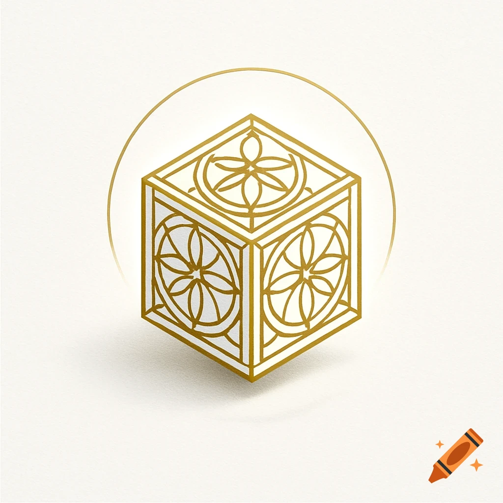A golden cube with ornate, flower-like patterns on its faces, set against a subtle light background with a gold circle.