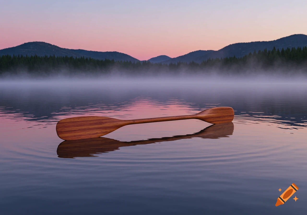 A wooden paddle floats on a serene lake with mist rising, silhouetted mountains, and a pink and blue sky at dawn.