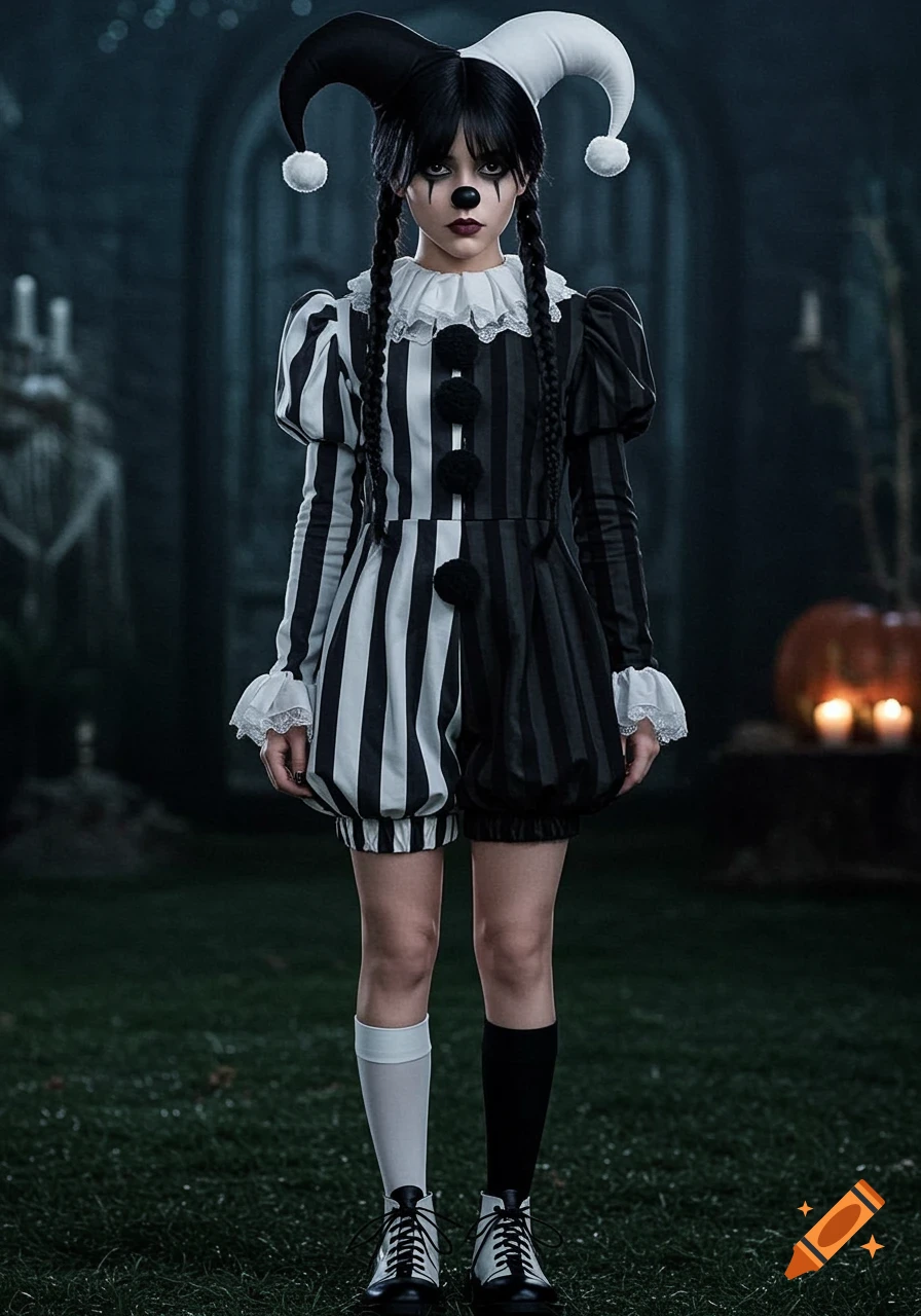 A person resembling Wednesday Addams dressed in a black and white striped jester costume with a matching hat and braids stands in a dark outdoor setting.