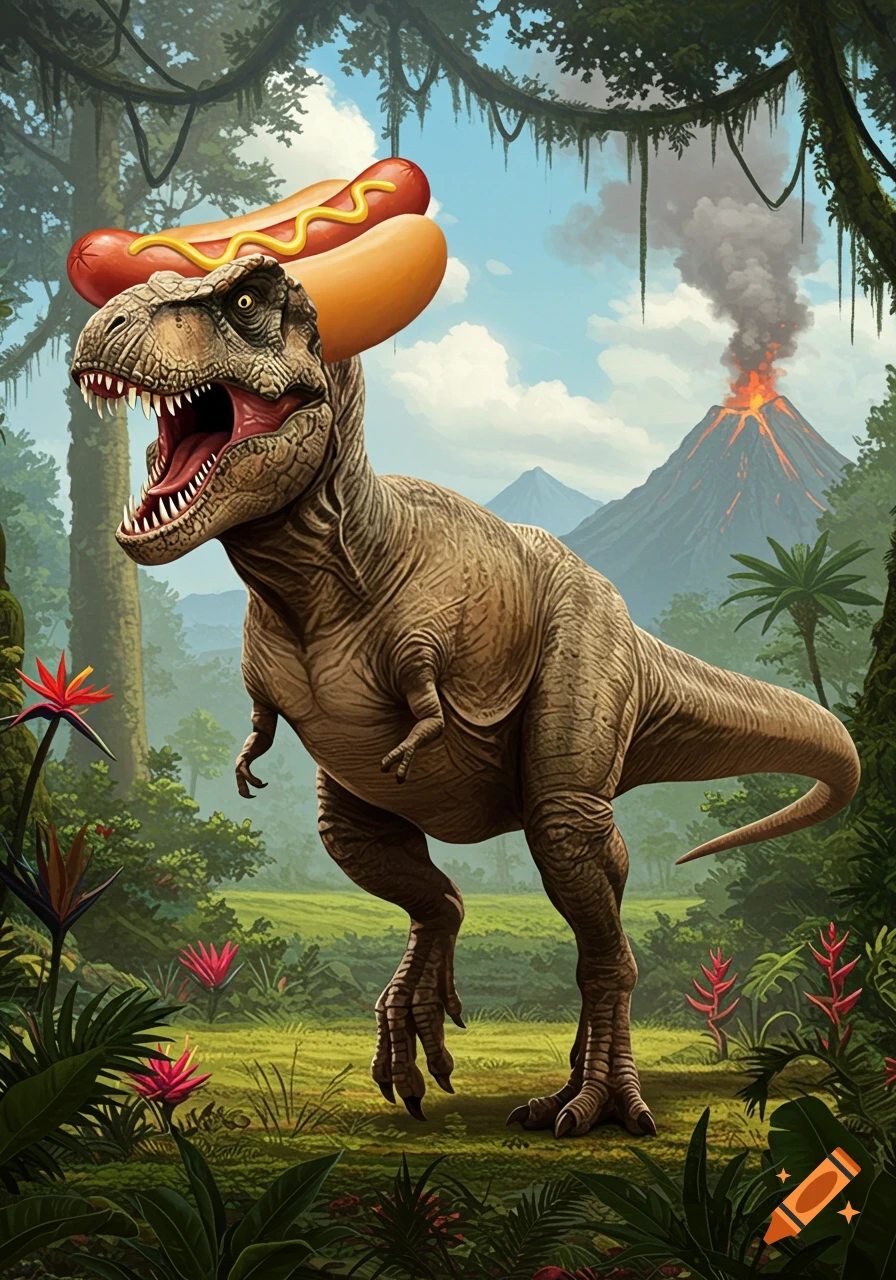 A T-Rex with a hot dog on its head stands in a jungle with a erupting volcano in the background.