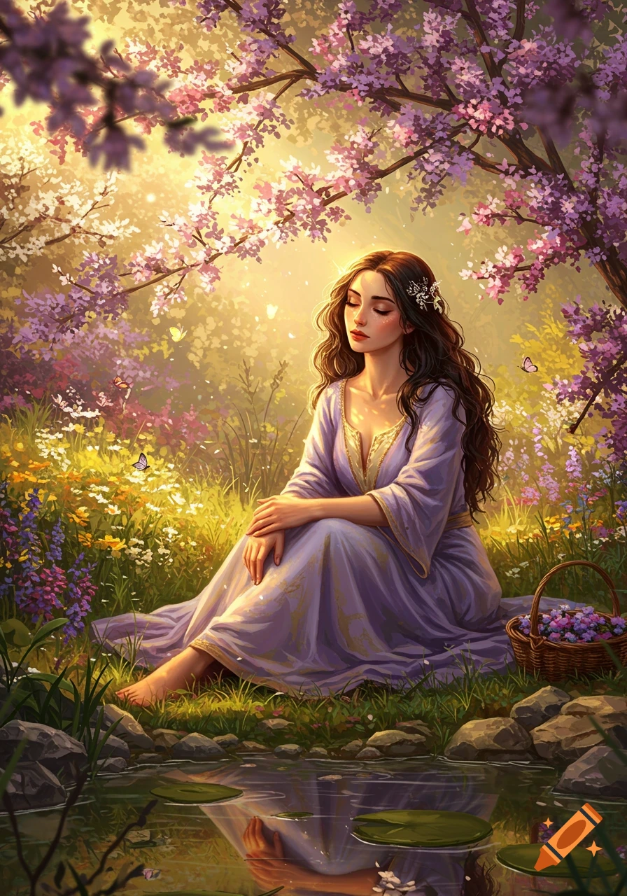 A woman in a purple dress sits by a pond under a flowering tree in a vibrant, sunlit forest illustration.