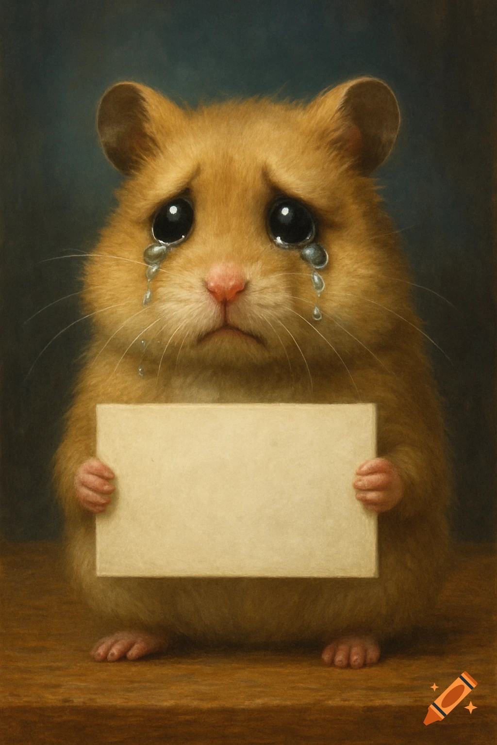 A sad, crying hamster with large tearful eyes holds up a blank sign.