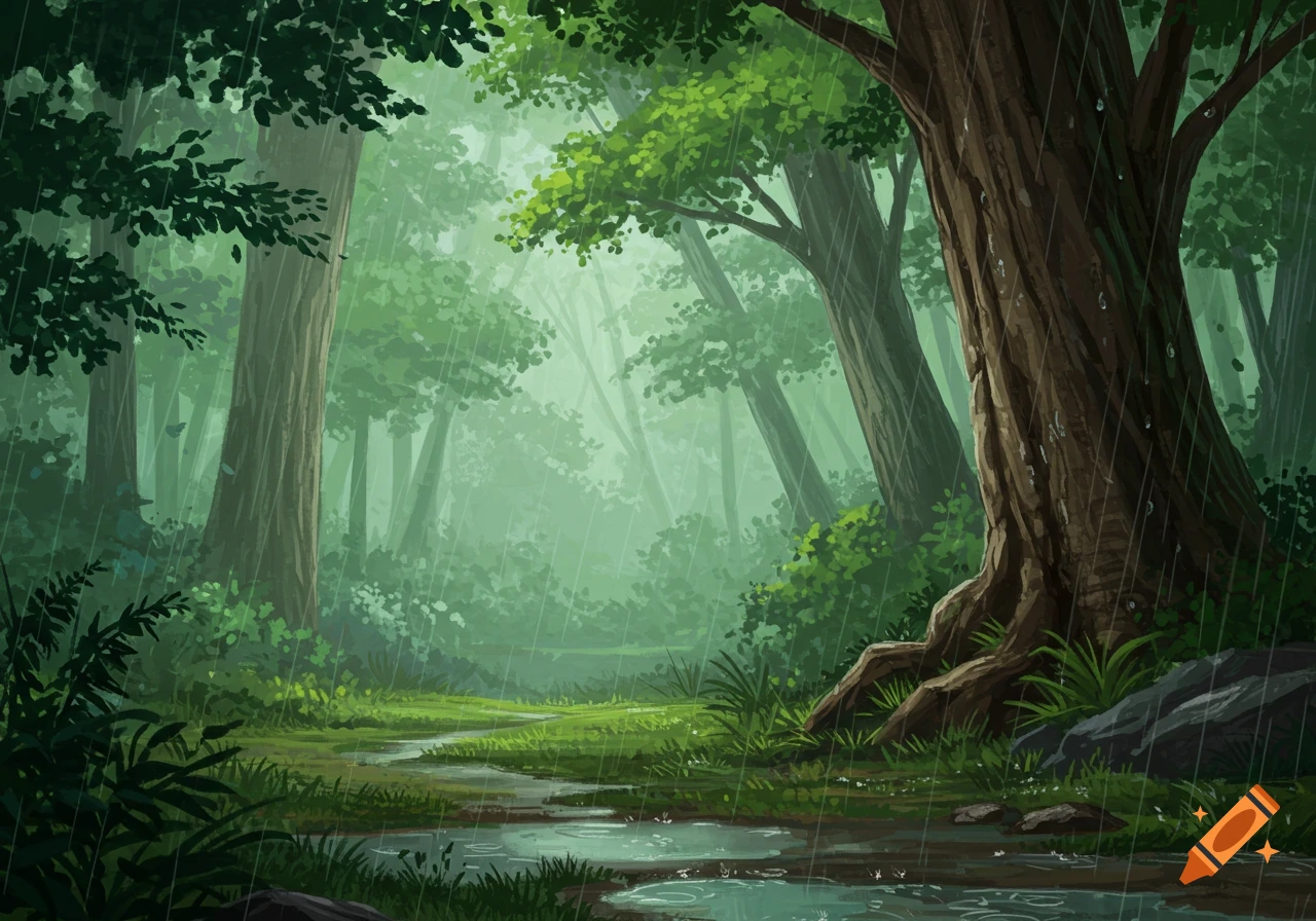 An illustrated depiction of a lush green forest with heavy rain falling, creating puddles on the ground.