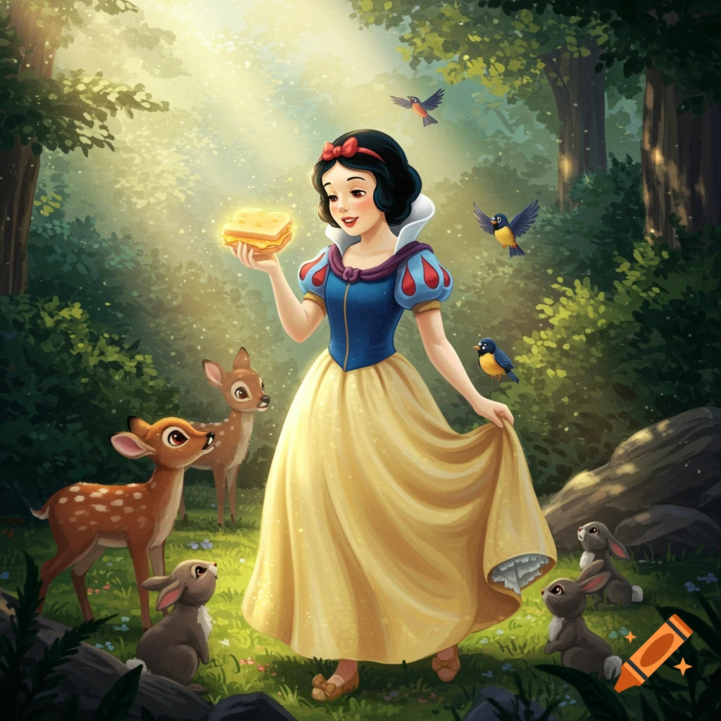 Snow White in a magical forest, holding a glowing cheese sandwich. She is surrounded by two deer, bunnies, and birds.