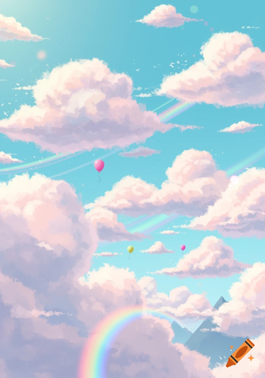 Cartoon illustration of a bright blue sky filled with fluffy pink clouds, colorful rainbows, and floating balloons.