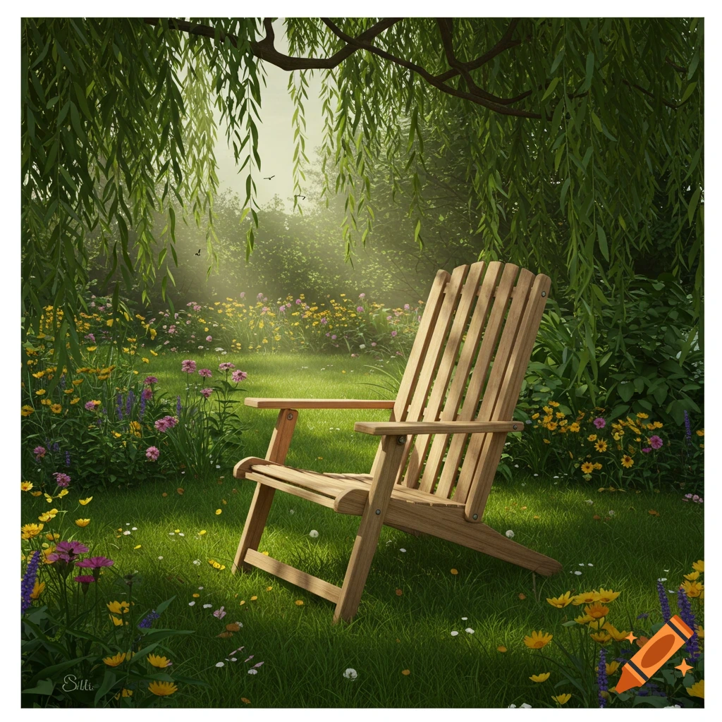 A wooden lawn chair sits in a sunlit garden with colorful flowers and green foliage under a weeping willow tree.