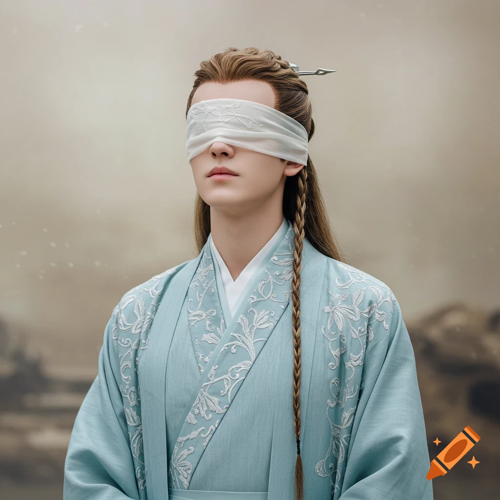 A photorealistic portrait of a man with long, braided hair, blindfolded with white fabric, wearing a pale blue robe with intricate white patterns.