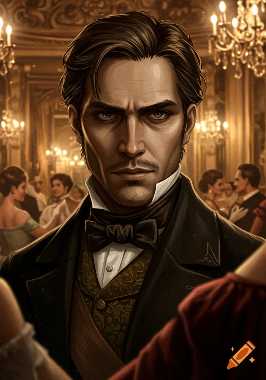 A stylized illustration of a mysterious Victorian-era man in formal wear, looking intently at the viewer, at a gala.