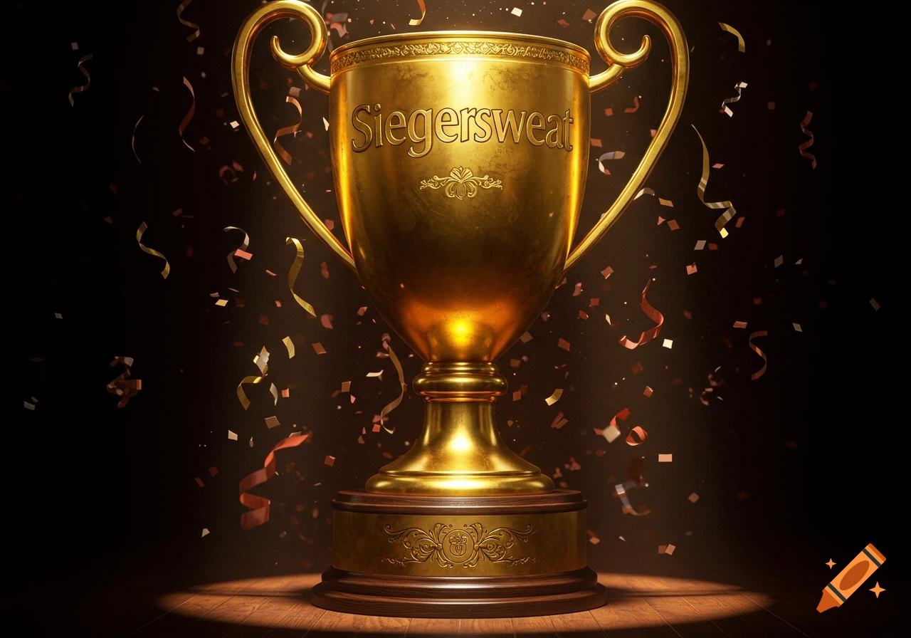 A gleaming golden trophy with 'Siegersweat' embossed on it, stands on a wooden base under a spotlight, surrounded by falling confetti.
