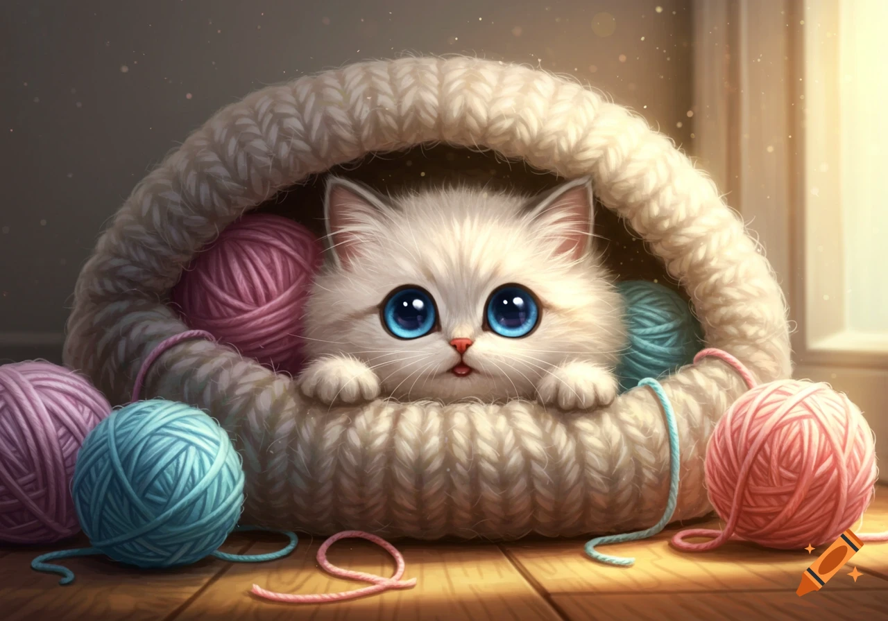 A fluffy white kitten with big blue eyes peeks out from a beige knitted basket, surrounded by pink and blue yarn balls.