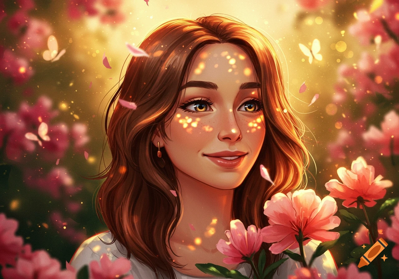 A vibrant digital painting of a woman with long brown hair, surrounded by pink flowers, glowing light, and butterflies.