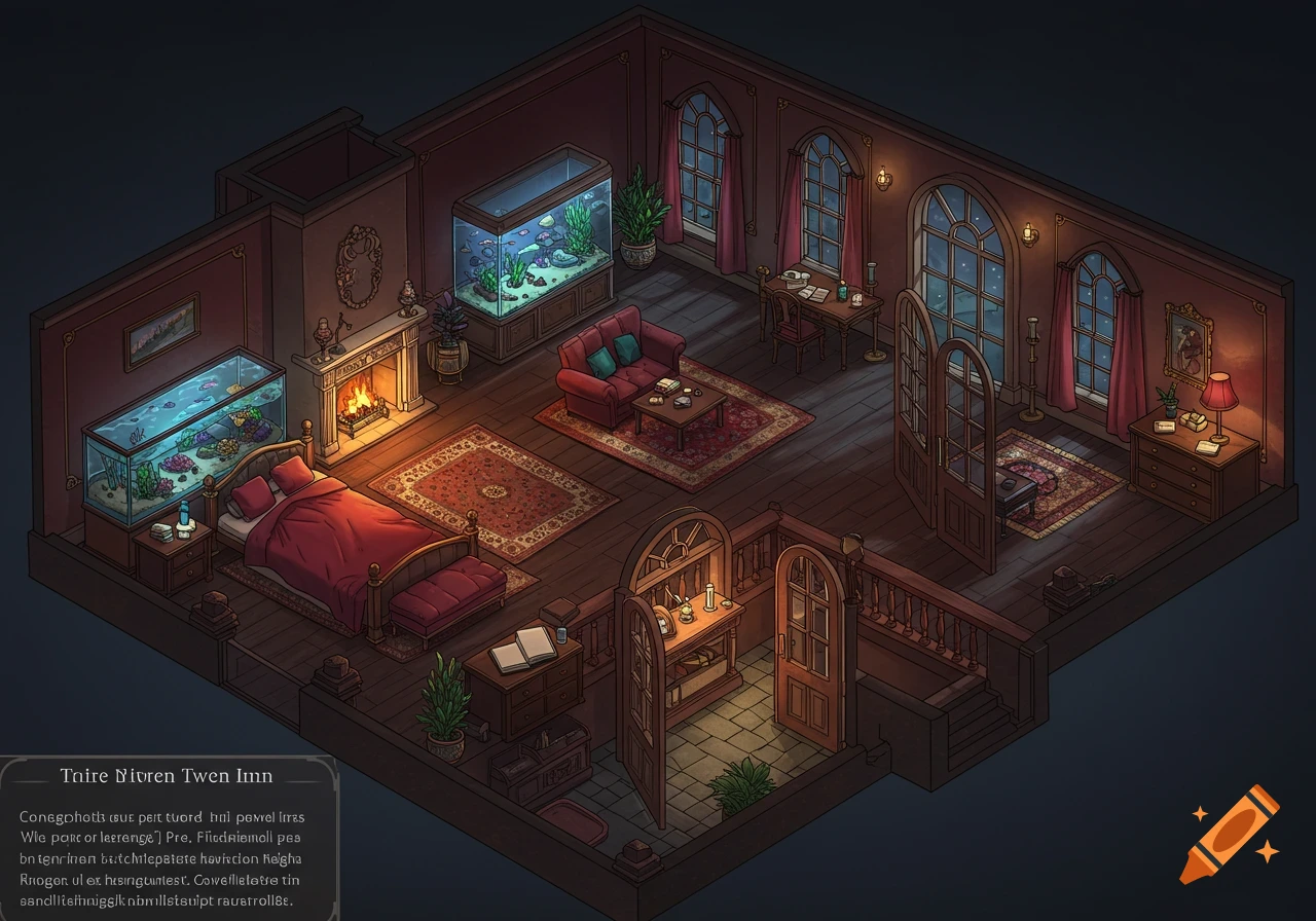 Isometric fantasy illustration of an elegant private room in a tavern inn at night, featuring a bed, fireplace, and two fish tanks.