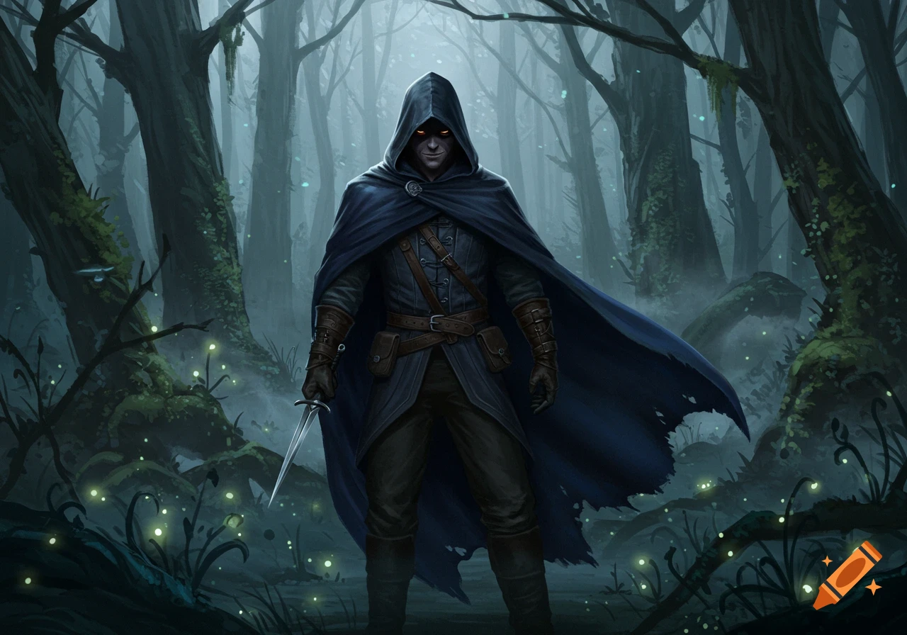 A mysterious rogue in a dark hooded cloak holds a dagger in a misty, magical forest with glowing plants.