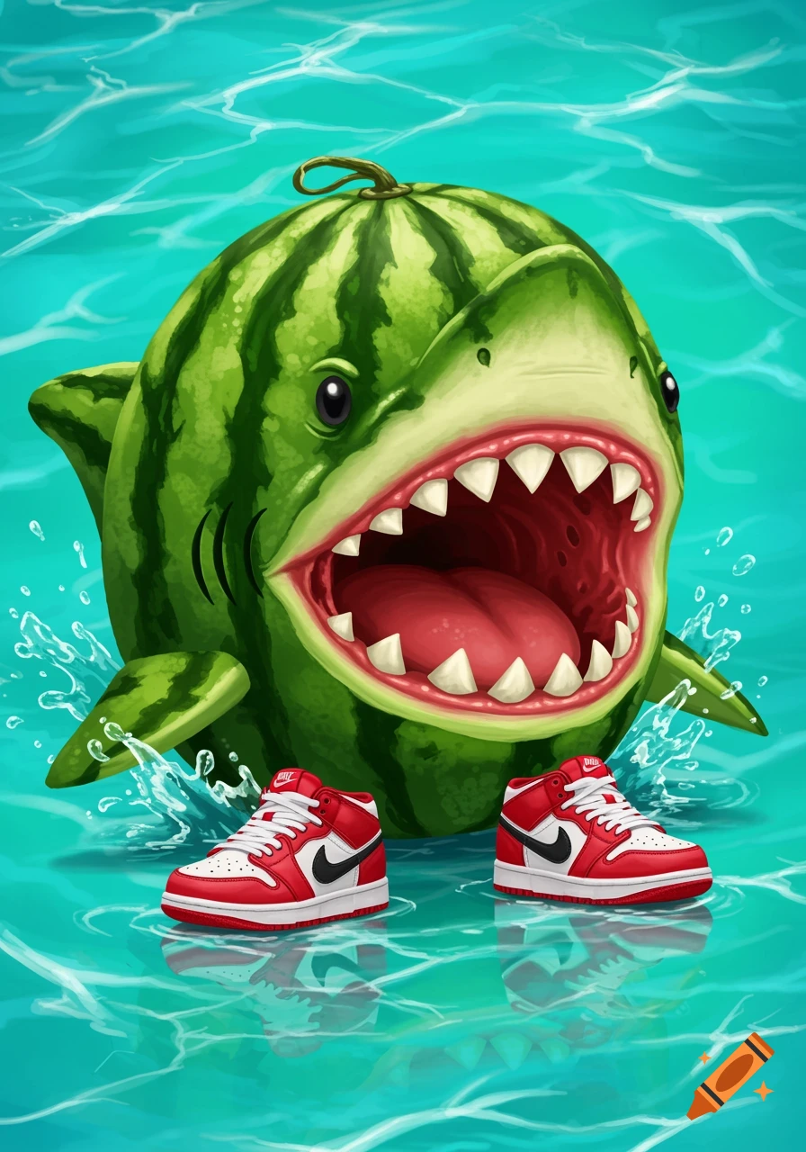 A whimsical cartoon illustration of a shark-shaped watermelon wearing red and white Nike high-top sneakers in bright blue water.