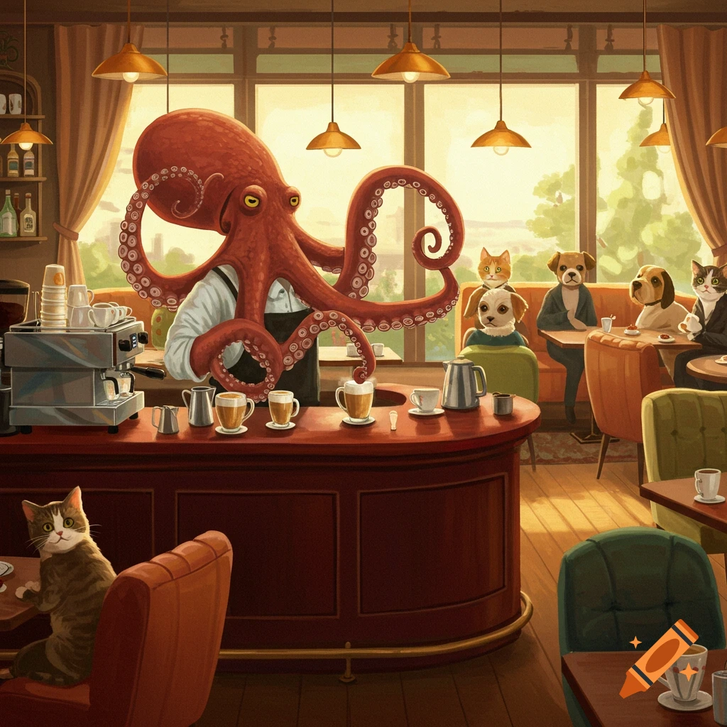 An anthropomorphic octopus barista serves coffee to various anthropomorphic cats and dogs in a bustling, warmly lit cafe.