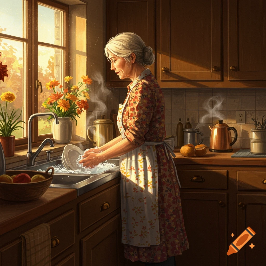 A middle-aged white woman with gray hair washes dishes in a sunlit kitchen sink, with flowers on the windowsill.