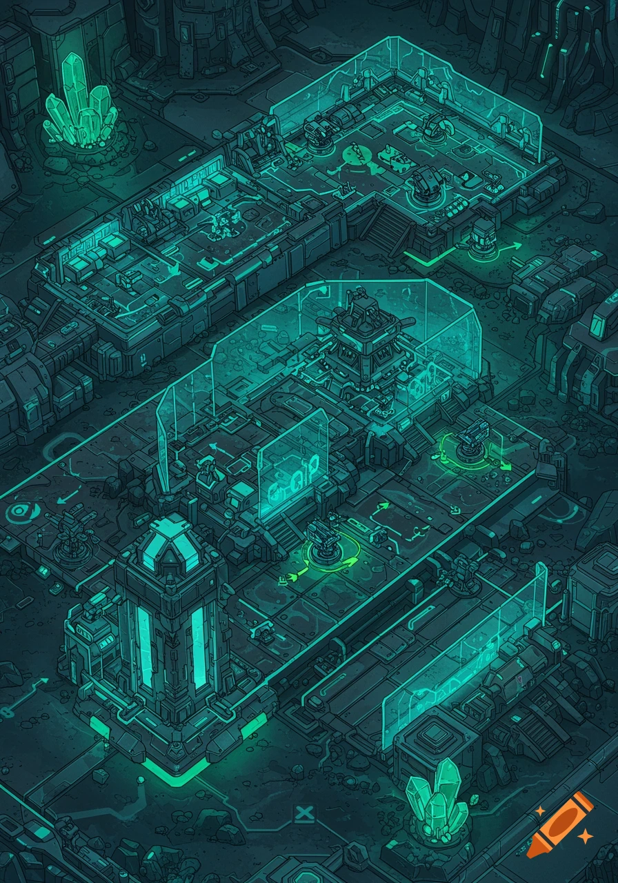 Isometric 2D view of a futuristic tower defense fortress map with glowing teal structures and crystals.