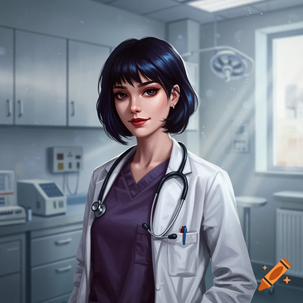 A young woman doctor with dark short hair, wearing a white lab coat and purple scrubs with a stethoscope, in a medical room.