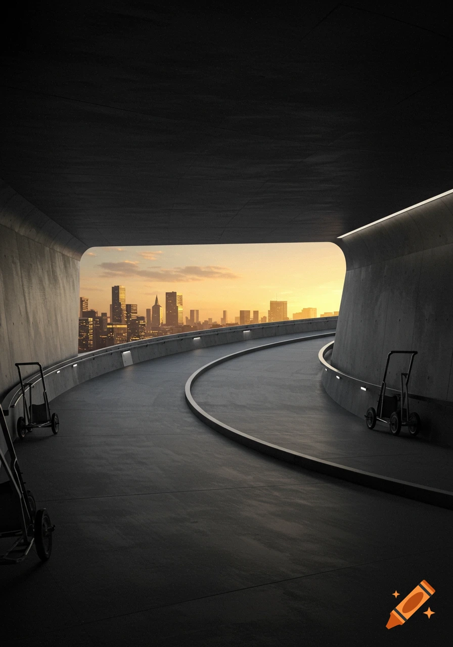 A modern concrete curved walkway overlooks a sprawling city skyline at sunset, with two small carts resting on the dark pavement.