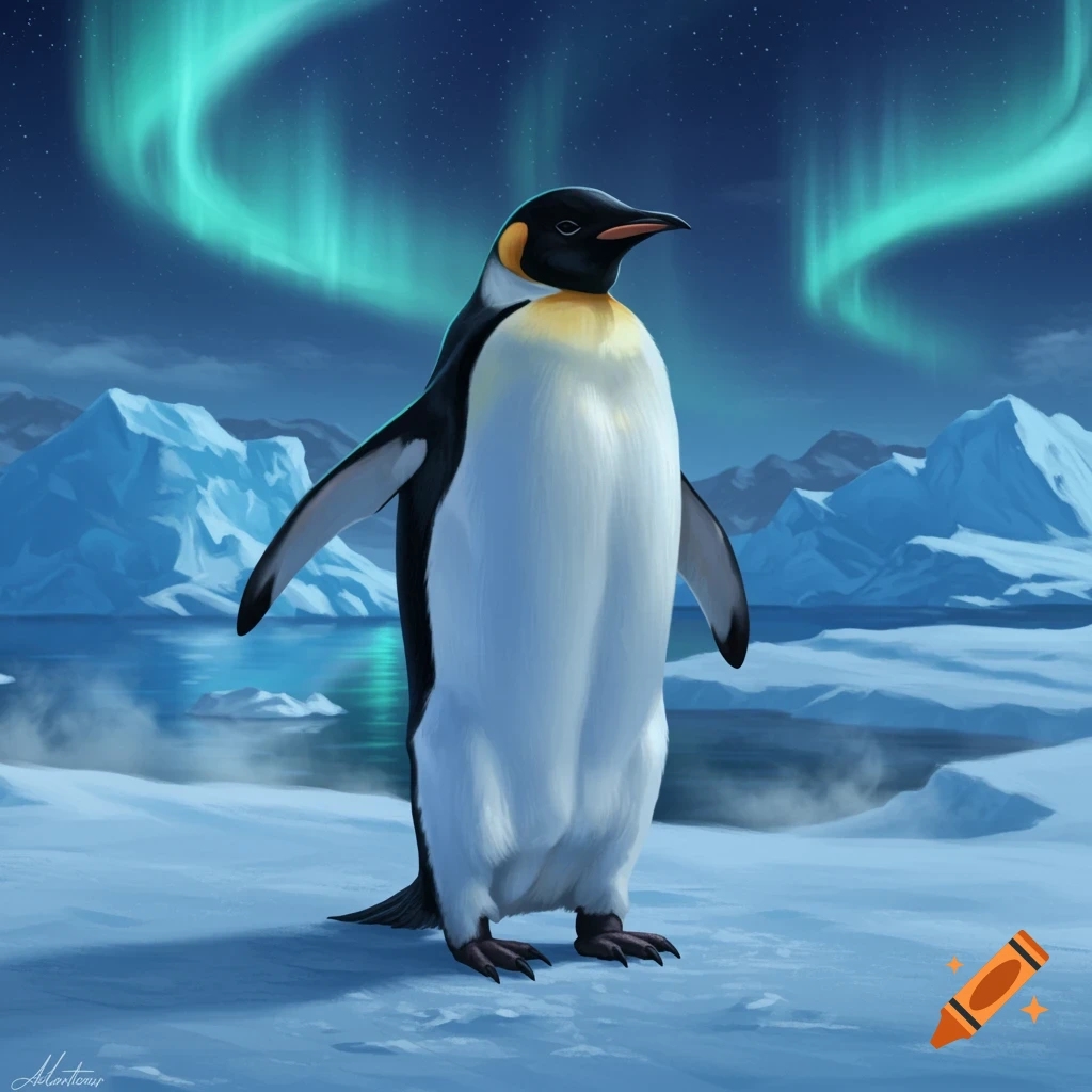An emperor penguin stands on an icy plain under a night sky with bright green aurora borealis.